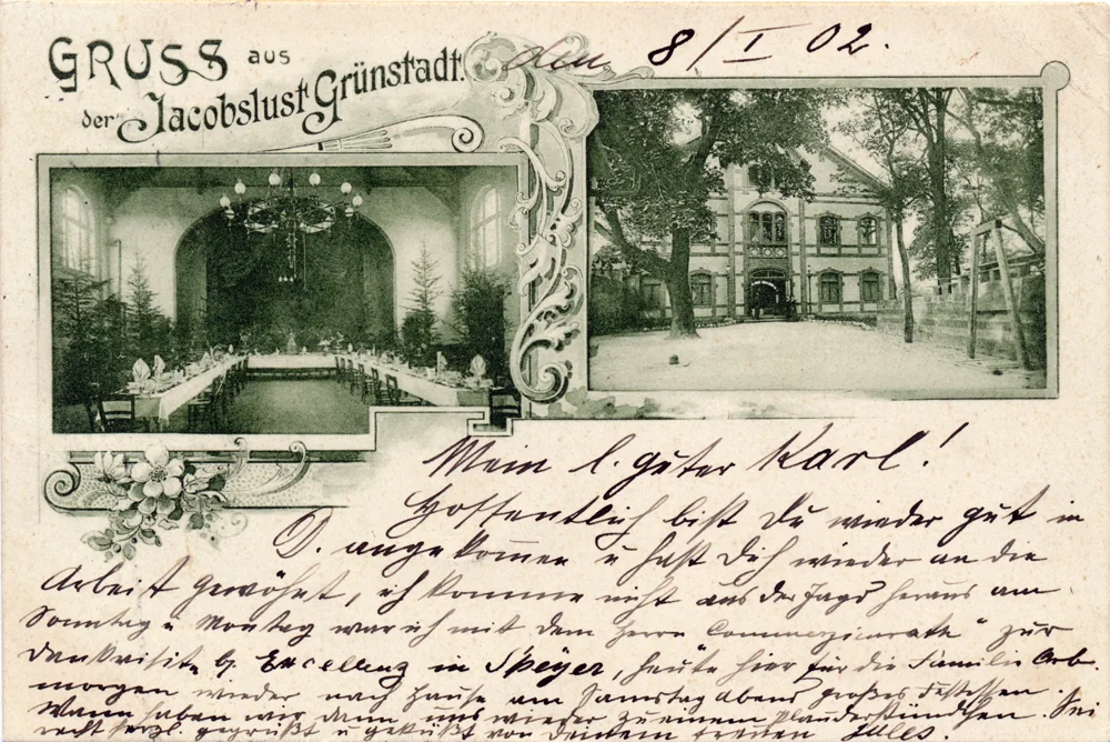 Postkarte mit Jokobslust Bildern, 1902